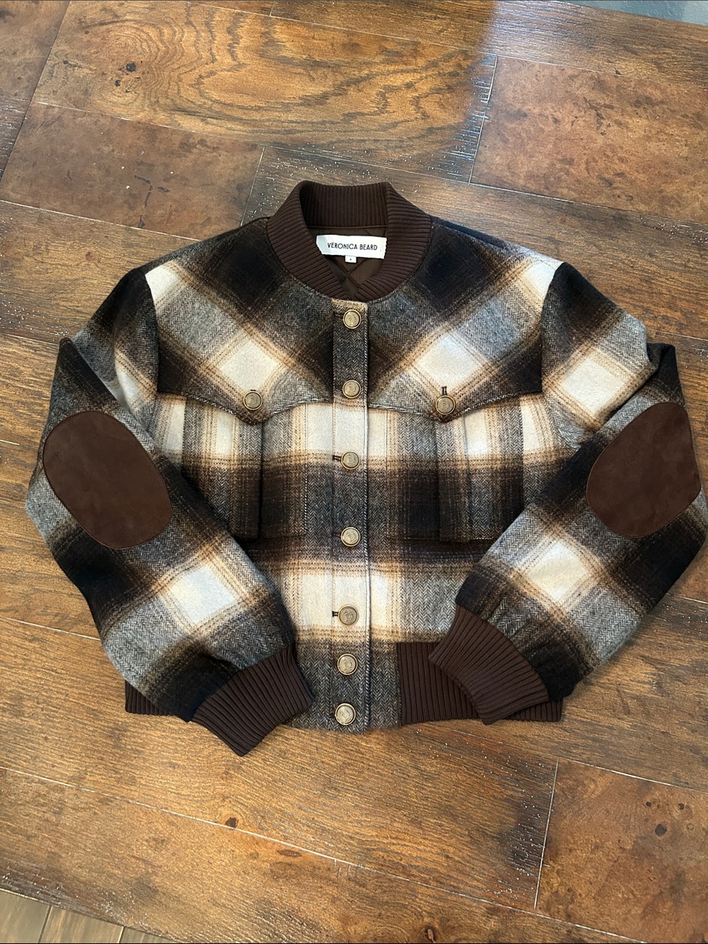 Veronica Beard Stanley Brown Plaid Wool-Blend Bomber Jacket Sz 8 NWOT